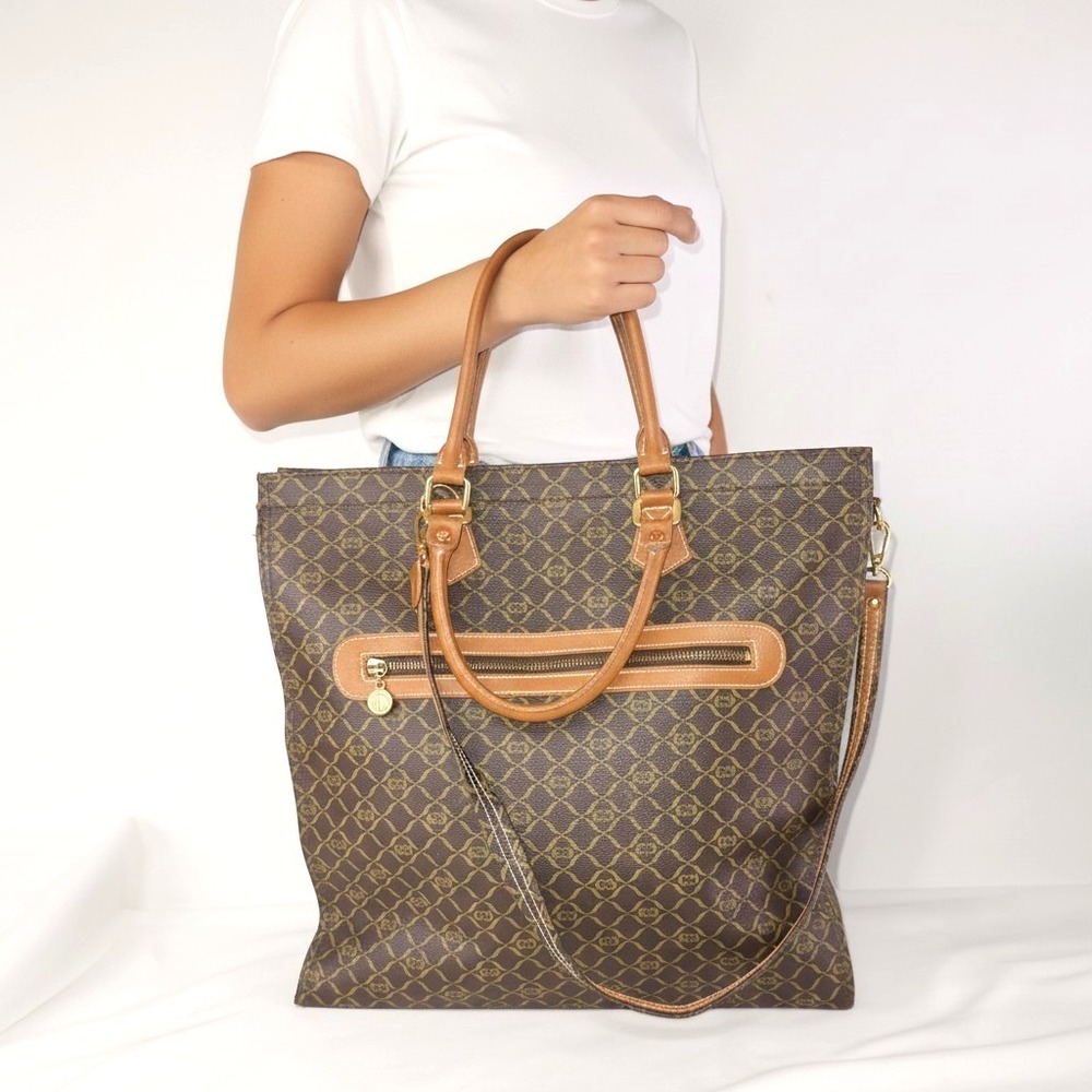 Carryland Vintage Monogram Vinyl‎ Tote Brown Tan Detachable Shoulder Bag